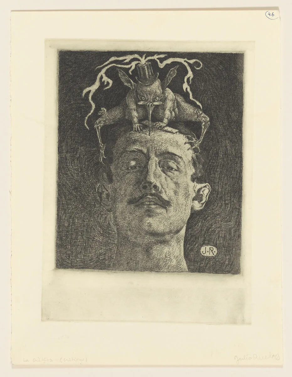 'The Critic': a monster-like insect sitting on a man's head — Julio Ruelas