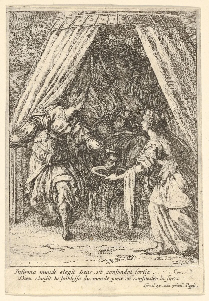 Judith placing the head of Holofernes on a tray held by an attendant, with the body of Holofernes on a canopied bed — Jacques Callot