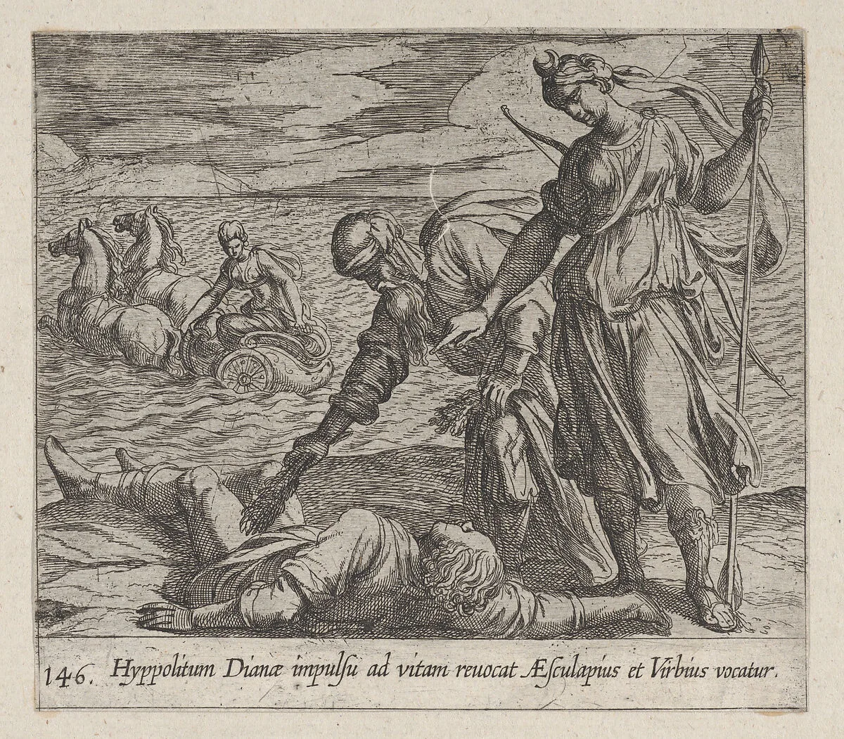 Plate 146: Hippolytus Saved from Death (Hippolitum Dianae impulsu ad vitam revocat AEsculapius et Virbius vocatur), from Ovid's 'Metamorphoses' — Antonio Tempesta