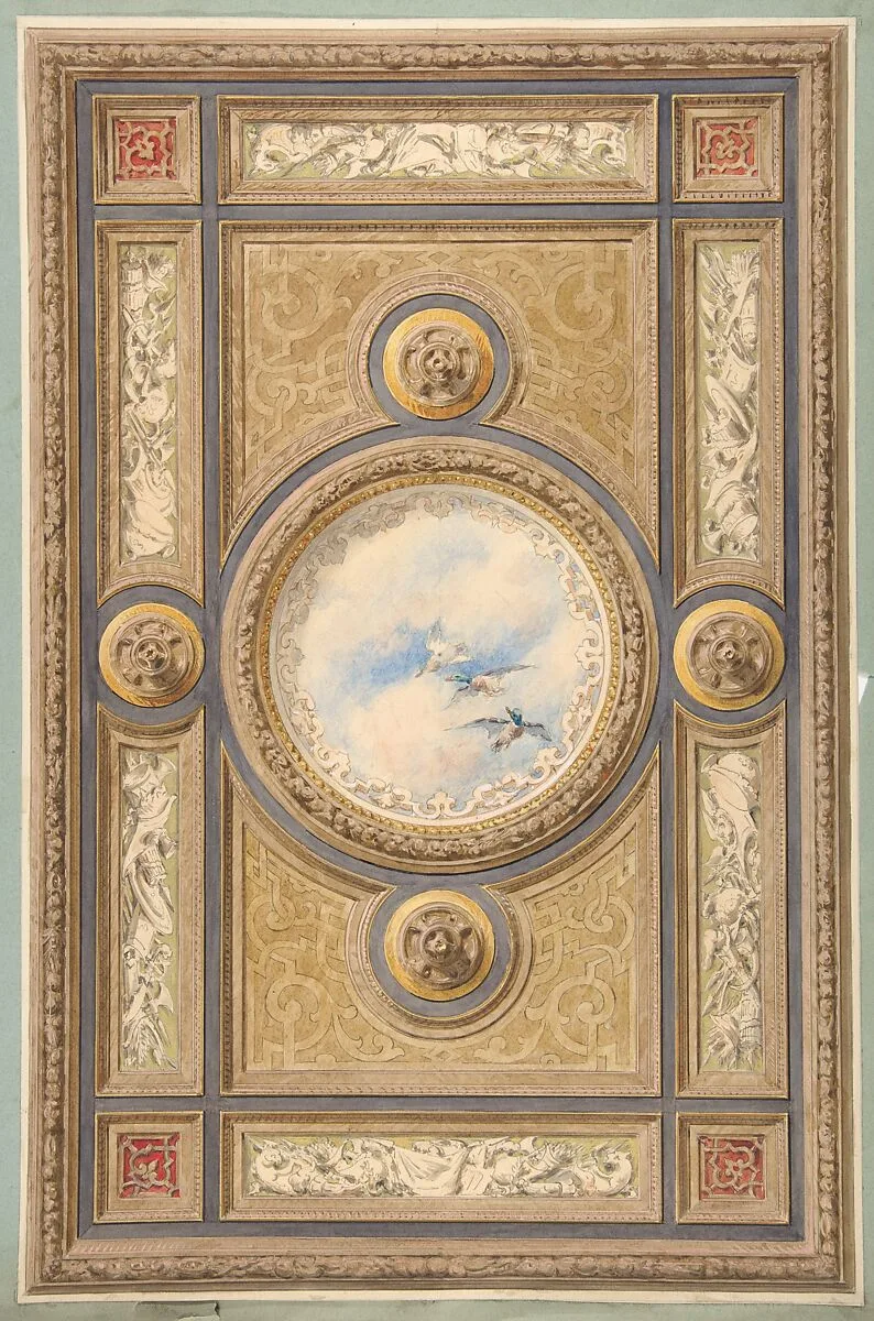 Design for a carved and painted ceiling with clouds and ducks in the central circular panel — Jules-Edmond-Charles Lachaise|Eugène-Pierre Gourdet