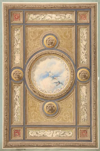 Design for a carved and painted ceiling with clouds and ducks in the central circular panel