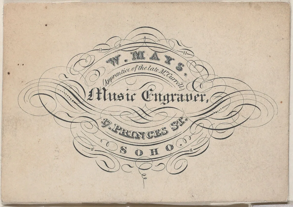 Trade Card for W. Mays, Music Engraver — Anonymous, British, 19th century