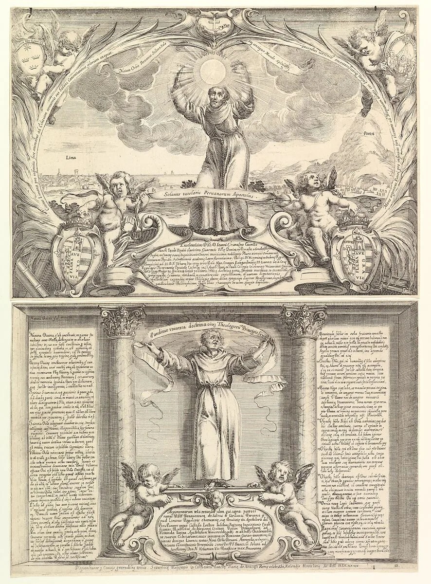 Decoration for a Thesis in Honor of Saint Francis Solano in two parts: the top part with Saint Francis Solano with his arms raised and a sun in his hands with Mount Potosí at right, the lower part with the doctor of the church holding a banner and two putti below — Stefano della Bella|Jean Chumalero Carrillo