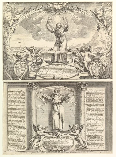 Decoration for a Thesis in Honor of Saint Francis Solano in two parts: the top part with Saint Francis Solano with his arms raised and a sun in his hands with Mount Potosí at right, the lower part with the doctor of the church holding a banner and two putti below