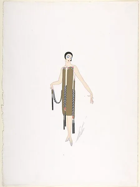 Design for Gold Dress with Cutout Strips of Bead Work in Black, White and Red Dangling from Waist to Hem for "Manhattan Mary," Majestic Theater, New York — Erté (Romain de Tirtoff)