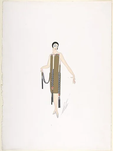 Design for Gold Dress with Cutout Strips of Bead Work in Black, White and Red Dangling from Waist to Hem for "Manhattan Mary," Majestic Theater, New York
