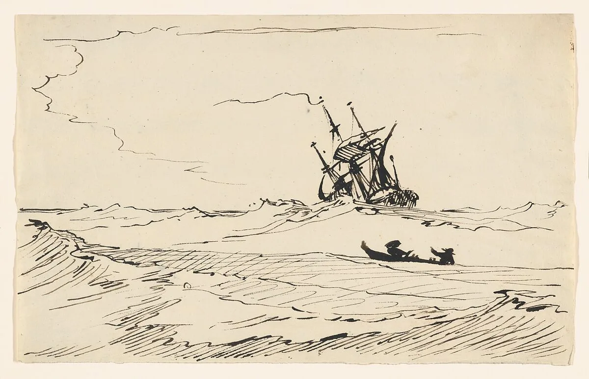 A Storm at Sea with a Large Ship and a Small Boat with Two Figures — Carl August Ehrensvärd