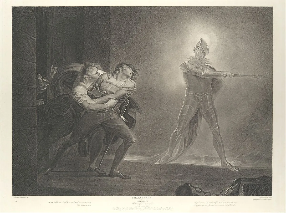 Hamlet, Horatio, Marcellus and the Ghost (Shakespeare, Hamlet, Act 1, Scene 4) — Shearjashub Spooner|Robert Thew|Henry Fuseli|John & Josiah Boydell|William Shakespeare