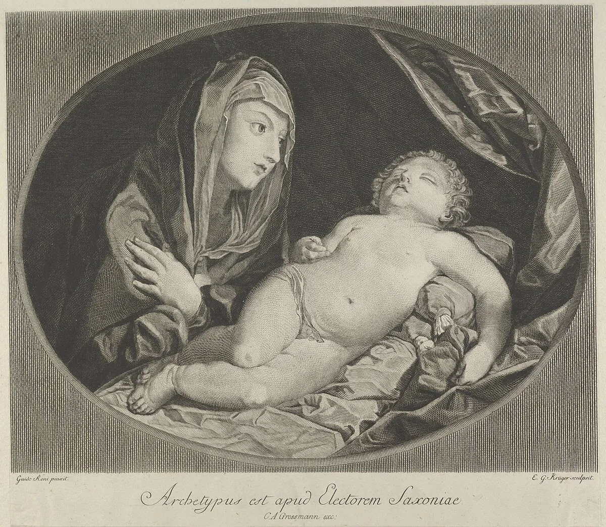 The Virgin with arms crossed over her chest looking at the sleeping infant Christ, in an oval frame, after Reni — Guido Reni|Ephraim Gottlieb Krüger|Carl August Grossmann