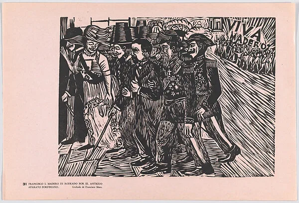 Plate 31: Francisco I. Madera surrounded by those from the nefarious Porfirano regime, from the portfolio 'Estampas de la revolución Mexicana' (prints of the Mexican Revolution) — Taller de Gráfica Popular|Francisco Mora