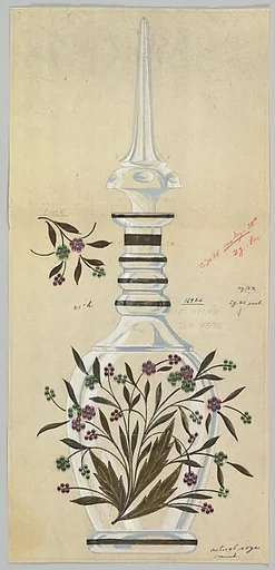 Design for Tall Bottle with Leaves and Jeweled Flowers