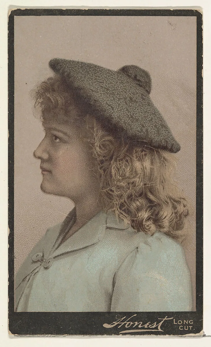 Actress wearing unstructured cloth cap, from Stars of the Stage, Third Series (N131) issued by Duke Sons & Co. to promote Honest Long Cut Tobacco — W. Duke, Sons & Co.|Joseph P. Knapp|American Tobacco Company