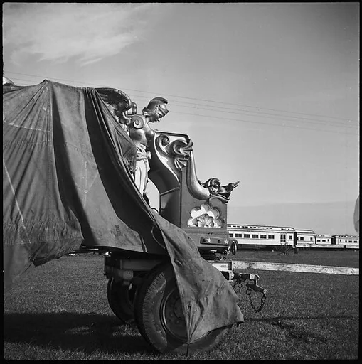 [Bandwagon and Railroad Cars, Circus Winter Quarters, Sarasota, Florida]