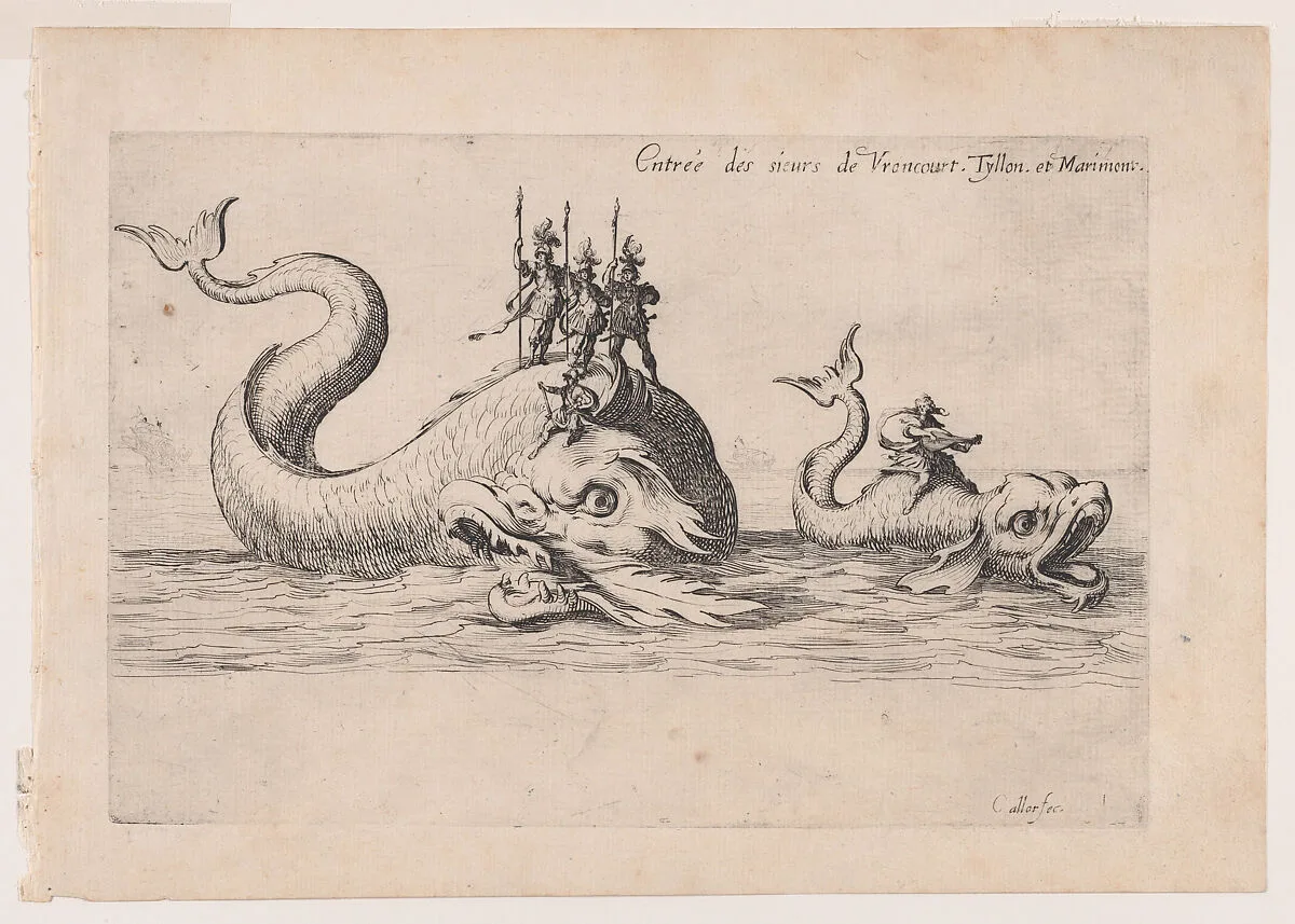 Entrée de MM. de Vroncourt, Tyllon, et Marimont (Entrances of Monsieur de Vroncourt, of Monsieur de Tyllon, and Monsieur de Marimont), from Le Combat a la Barrière in the Palace at Nancy by Henri Humbert, printed by Sebastien Phillipe — Jacques Callot|Henri Humbert