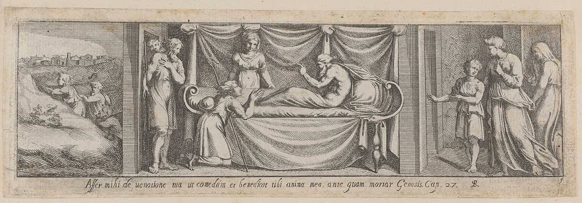 Plate 5: Isaac telling Esau to hunt for meat at left and Jacob and Rebekah at right, from Genesis 27, after a lost fresco in the basamento of Bay 5 of the Vatican Loggia — Pietro Santi Bartoli|Giovanni Giacomo De Rossi|Raphael (Raffaello Sanzio or Santi)