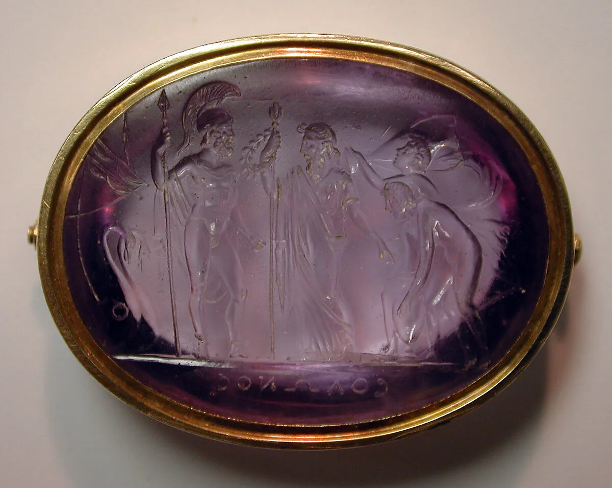 Chryseis with an attendant bearing presents, praying to Menelaus to restore his daughter — Unknown
