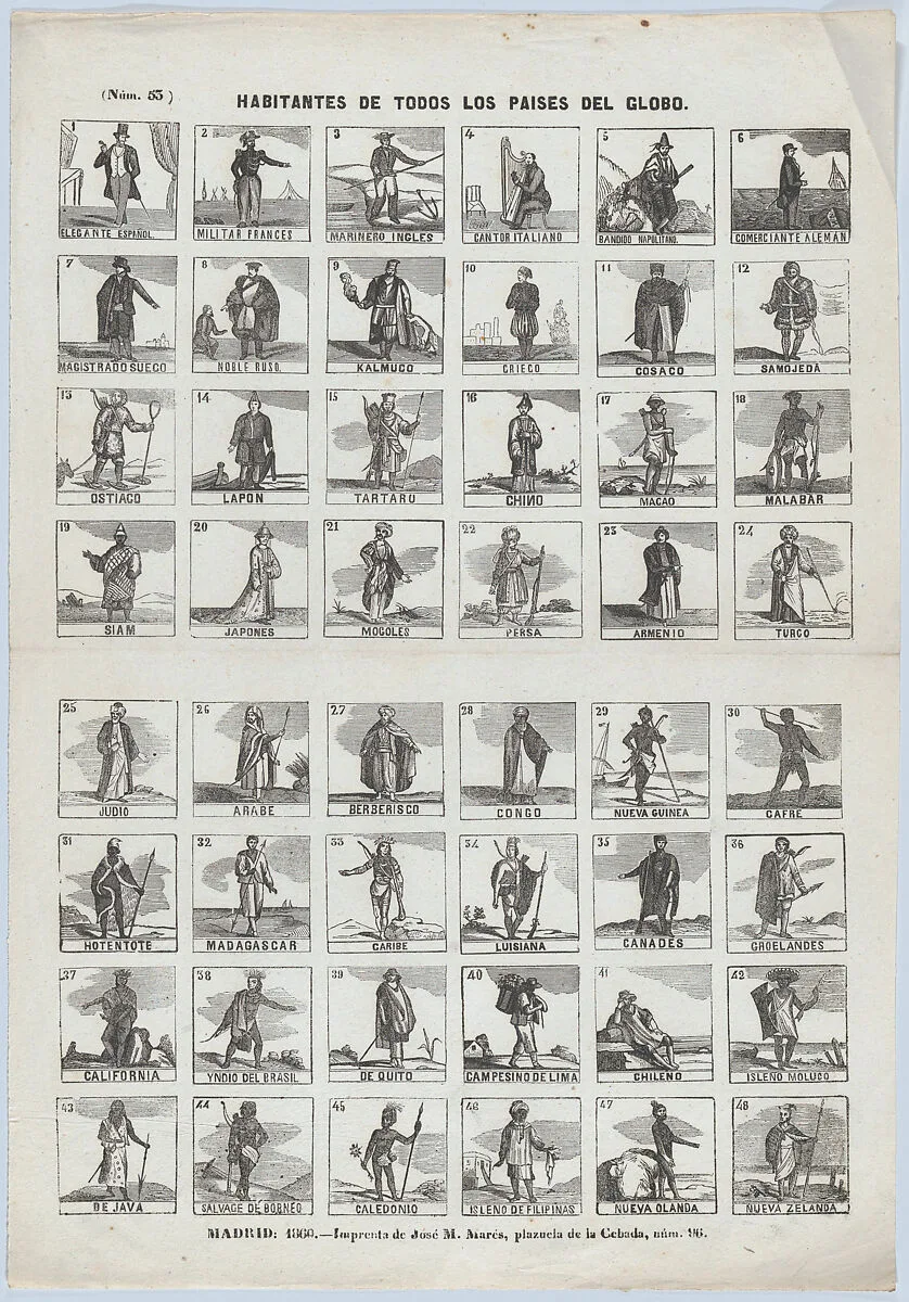 Broadside with 48 scenes depicting the people of the world — José María Marés