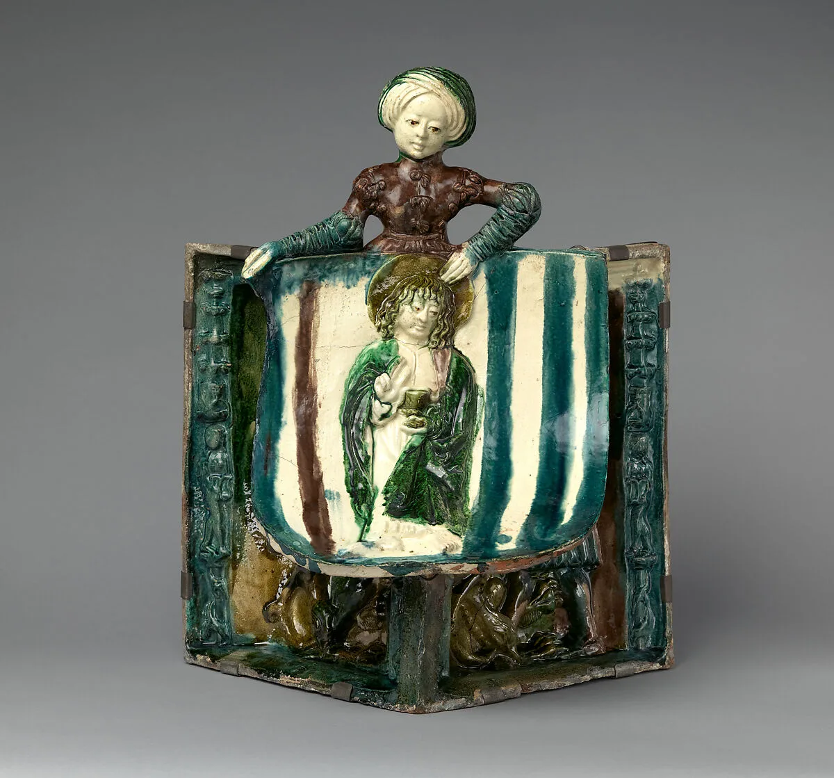 Stove Tile with Saint John the Evangelist and Samson — Buda Castle Workshop