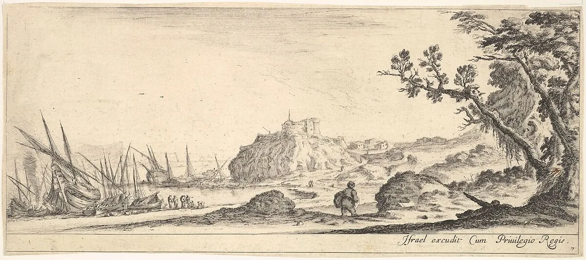Plate 7: various boats on shore to left, a man carrying a bag, seen from behind and walking towards the background, a fortress in center background, a tree to the right, from 'Various landscapes' (Divers paysages) — Stefano della Bella|Israël Henriet