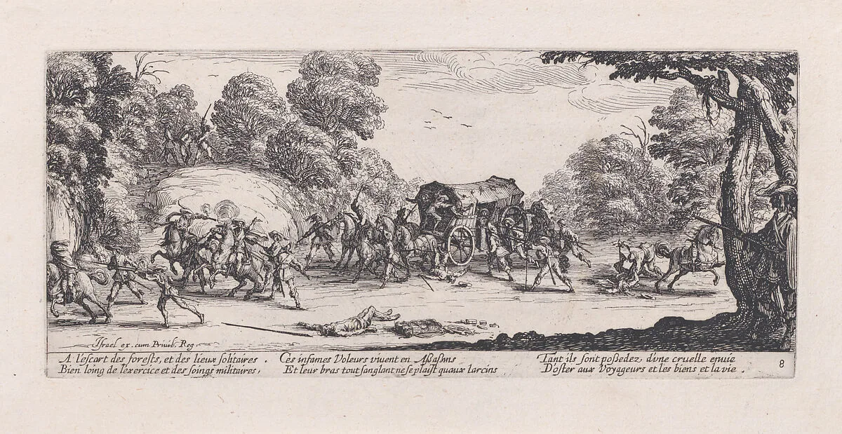 L'Attaque de la Diligence (The Attack of the Stagecoach), from Les Misères et les Mal-Heures de la Guerre (The Miseries and Misfortunes of War), plate 8 — Jacques Callot|Israël Henriet