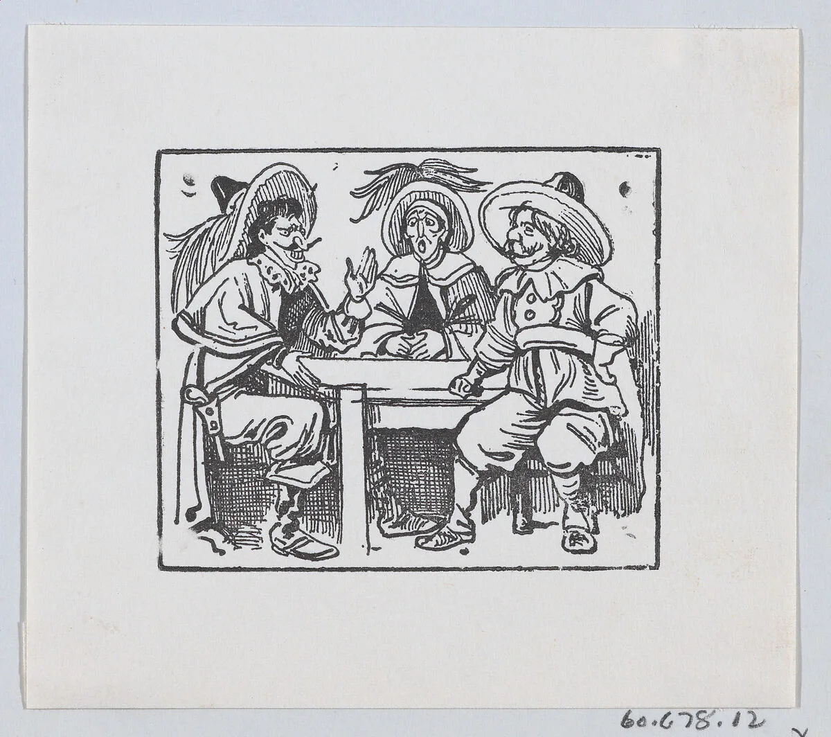 Three men wearing large hats and capes sitting at a table and talking — José Sanchez|José Guadalupe Posada