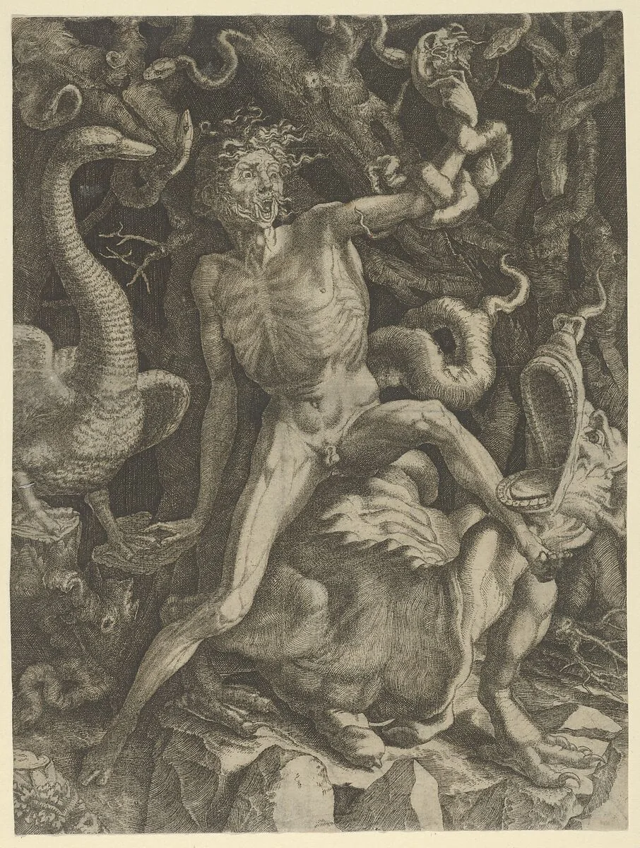Fury personified as an emaciated man astride a monster, holding a skull in his raised left hand — Giovanni Jacopo Caraglio|Rosso Fiorentino