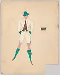 Drawing for a woman's theatrical costume with white jacket and shorts, embroidered waistband, and green and brown accessories, for 'At Home Abroad' — Vincente Minnelli