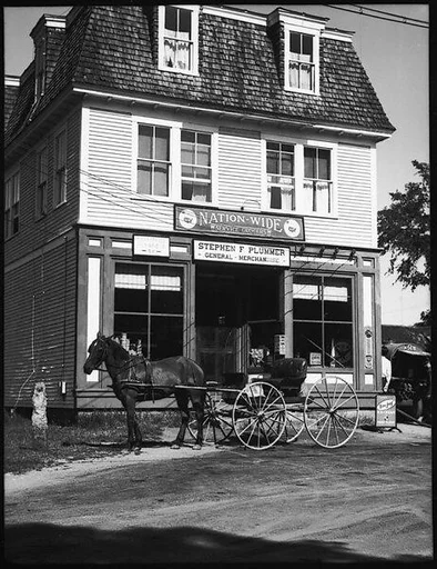 [Horse-Drawn Carriage in Front of General Store and Post Office, Plainfield, New Hampshire]