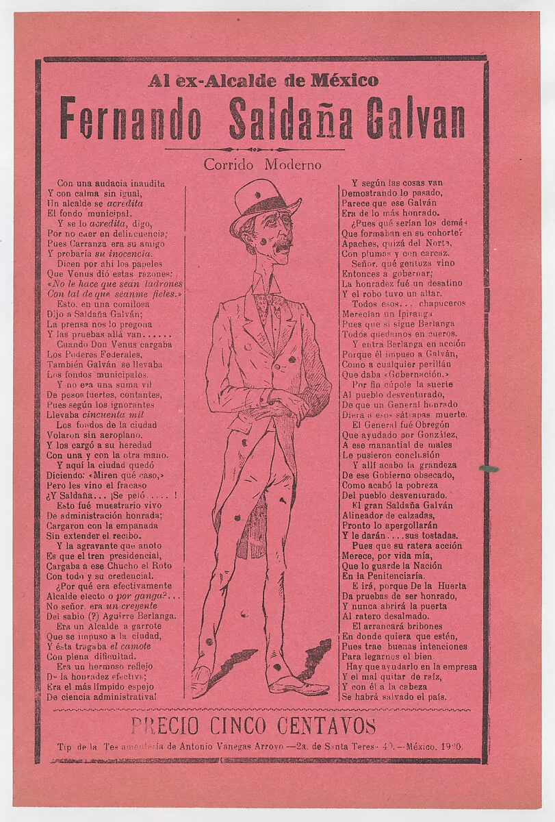 Broadsheet relating to the ex mayor of Mexico, Fernando Saldaña Galvan, who is standing in the center covered in holes — José Guadalupe Posada|Antonio Vanegas Arroyo