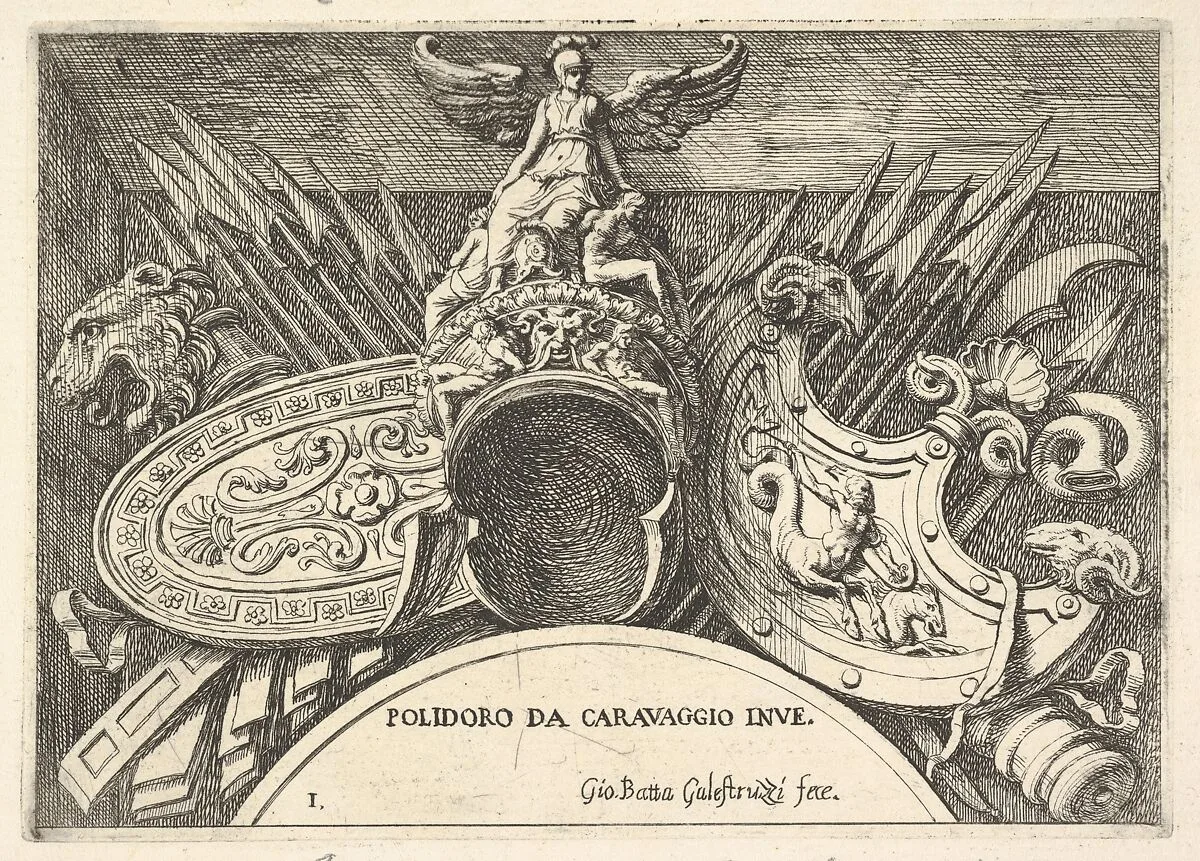 Plate 1: trophies of Roman arms from decorations above the windows on the second floor of the Palazzo Milesi in Rome — Giovanni Battista Galestruzzi|Polidoro da Caravaggio