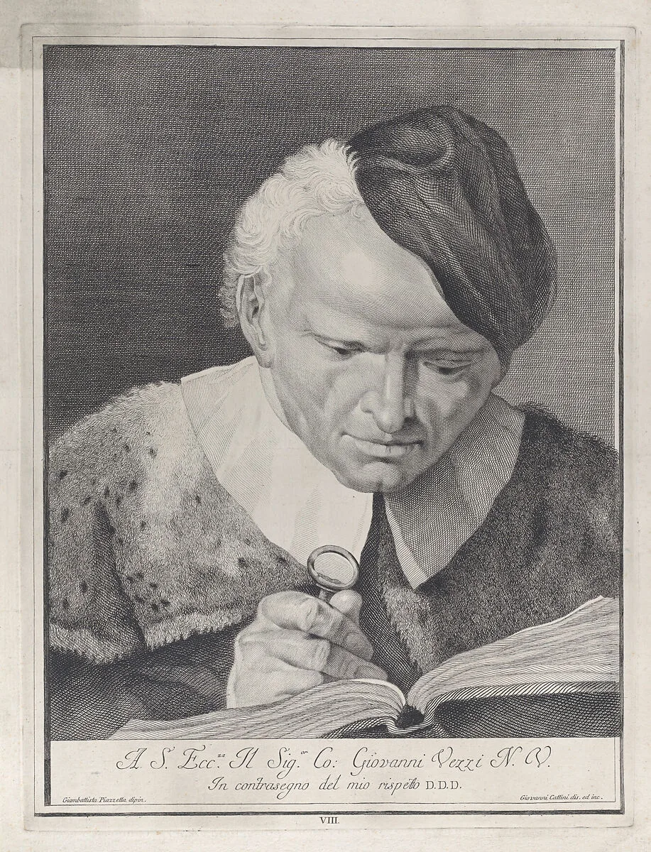 Plate 8: Man in a hat reading a book with a magnifying glass; from 'Icones ad vivum expressae' after Giovanni Battista Piazzetta — Giovanni Cattini|Giovanni Battista Piazzetta