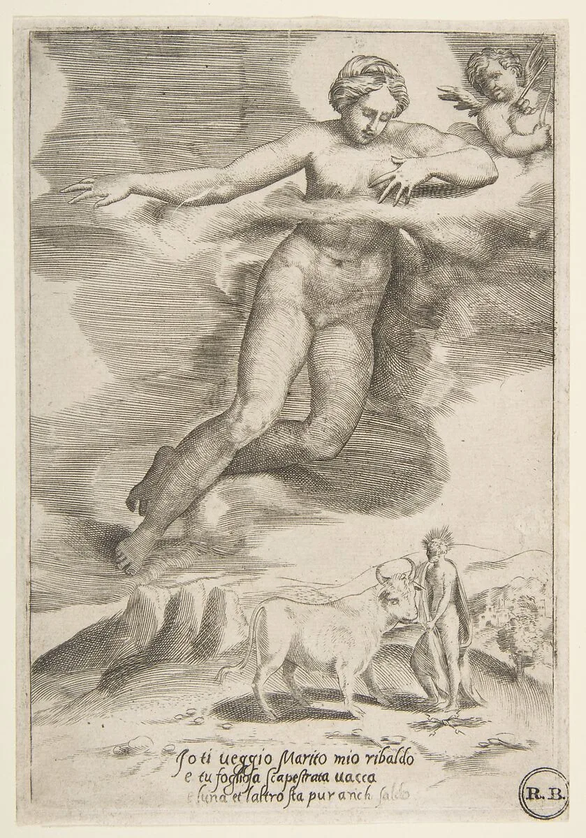 Juno watching Jupiter and Io, from "The Loves of the Gods" — Giulio Bonasone