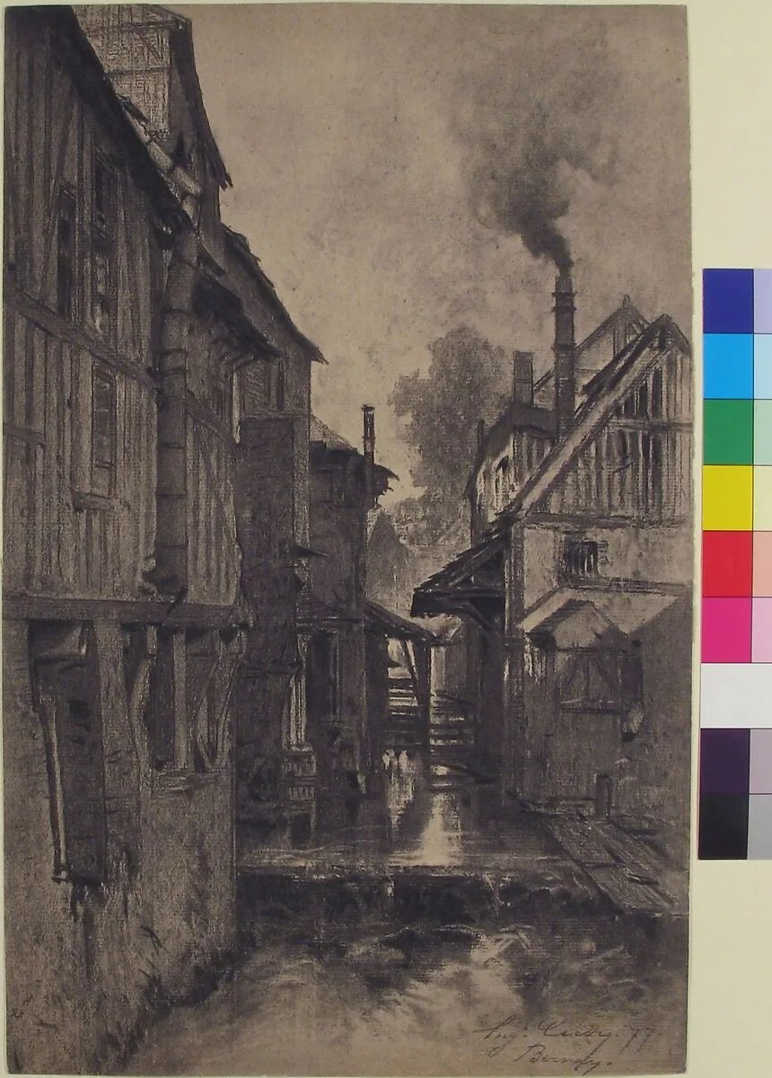 Half-Timbered Houses along a Waterway — Eugène Cicéri