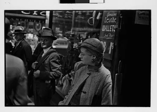 [Two 35mm Film Frames: Bystanders Outside Leather Goods Store, New York City?]