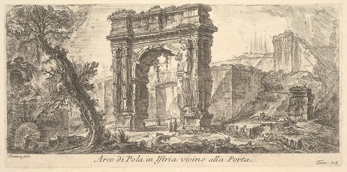Plate 24: Arch of Pola in Istria near the Gate (Arco di Pola in Istria vicino alla Porta), from "Alcune Vedute di Archi Trionfali ed altri monumenti inalzati da Romani parte di quali se veggono in Roma e parte per l'Italia" (Some Views of Triumphal Arches and other monuments erected by the Romans, some of which are in Rome and some elsewhere in Italy) — Giovanni Battista Piranesi