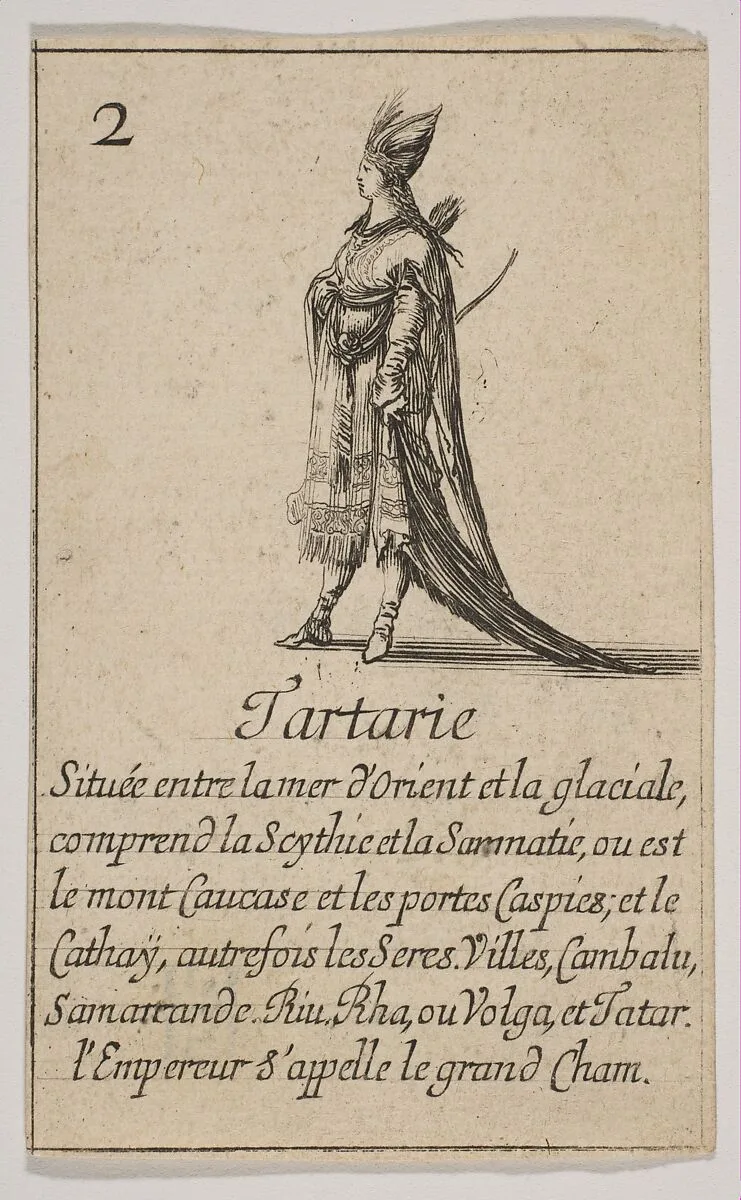 Tartarie, from "Jeu de la Géographie" — Stefano della Bella|Jean Desmarets de Saint-Sorlin|Henri Le Gras|Louis XIV, King of France|Cardinal Jules Mazarin