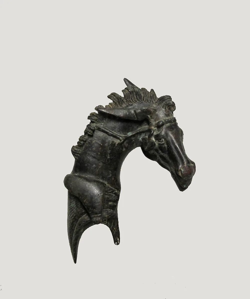 Two fulcra (headrest) attachments in the form of mule's heads — Unknown