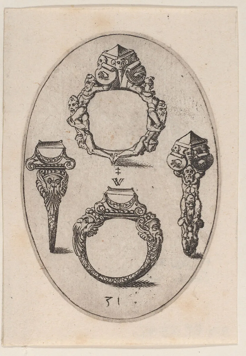 Designs for Four Rings, Plate 31 from 'Livre d'Aneaux d'Orfevrerie' — Pierre Woeiriot de Bouzey II