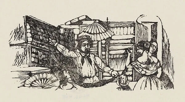 People talking to a shop vendor at a dry goods counter, illustration for 'Don Bullebulle' — Gabriel Vicente Gahona (Picheta)|Alfredo Zalce