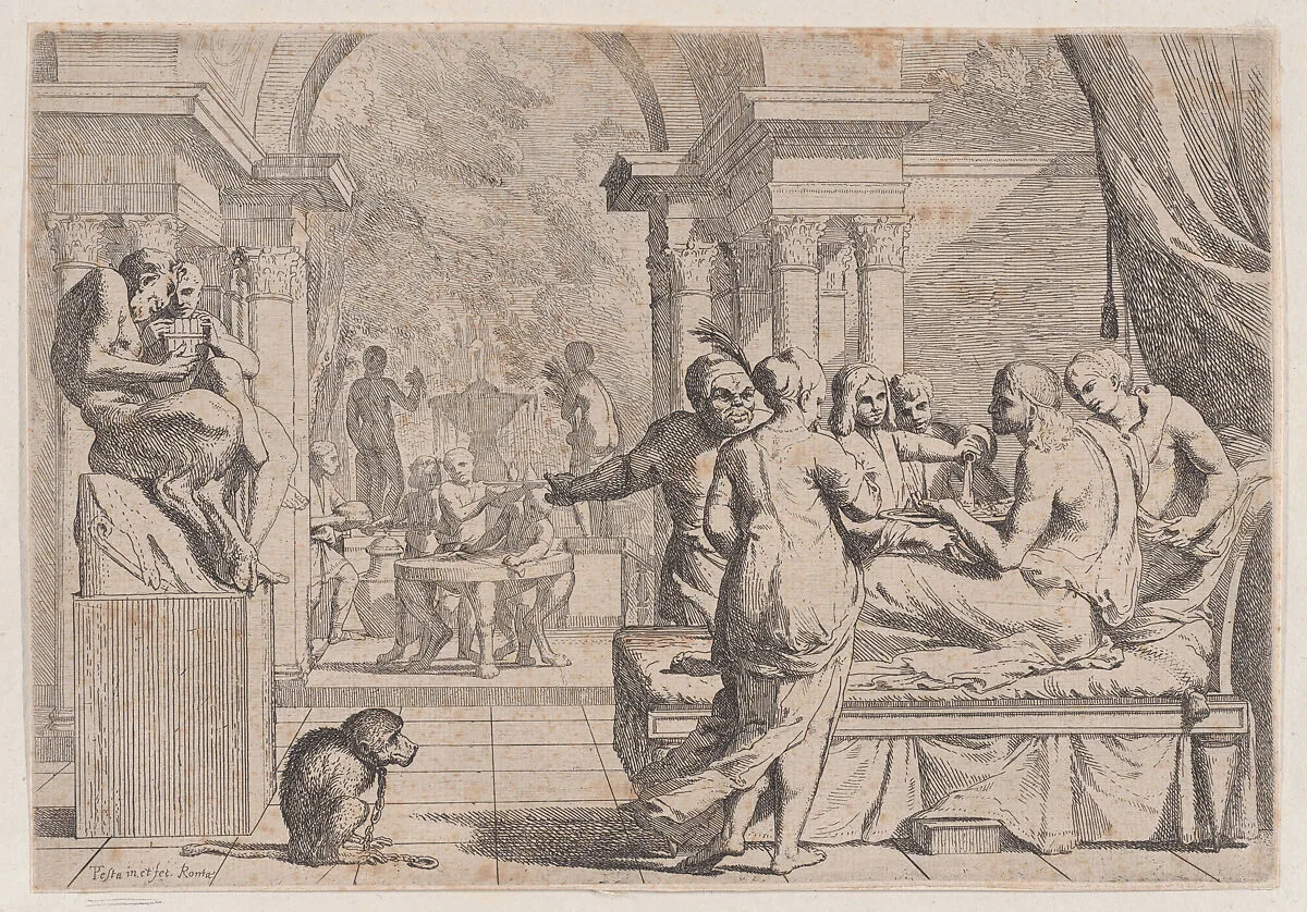 The prodigal son seated on a couch being served wine, revelers in the background, a monkey wearing a collar and chain in the lower left, from a series of four prints — Pietro Testa