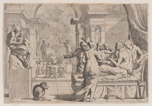 The prodigal son seated on a couch being served wine, revelers in the background, a monkey wearing a collar and chain in the lower left, from a series of four prints