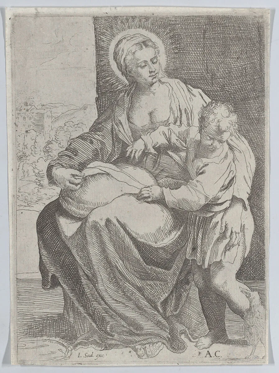 The Virgin seated holding a pillow on her lap with the young Christ standing at right — Annibale Carracci|Guido Reni|Francesco Brizio