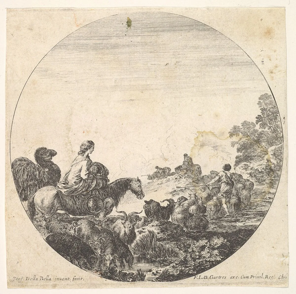 Plate 5: a woman carrying a child on a horse to left, a camel following her, a herd of goats, sheep, and a shepherd in front of her to right, a round composition, from 'Roman landscapes and ruins' (Paysages et ruines de Rome) — Stefano della Bella|François Langlois