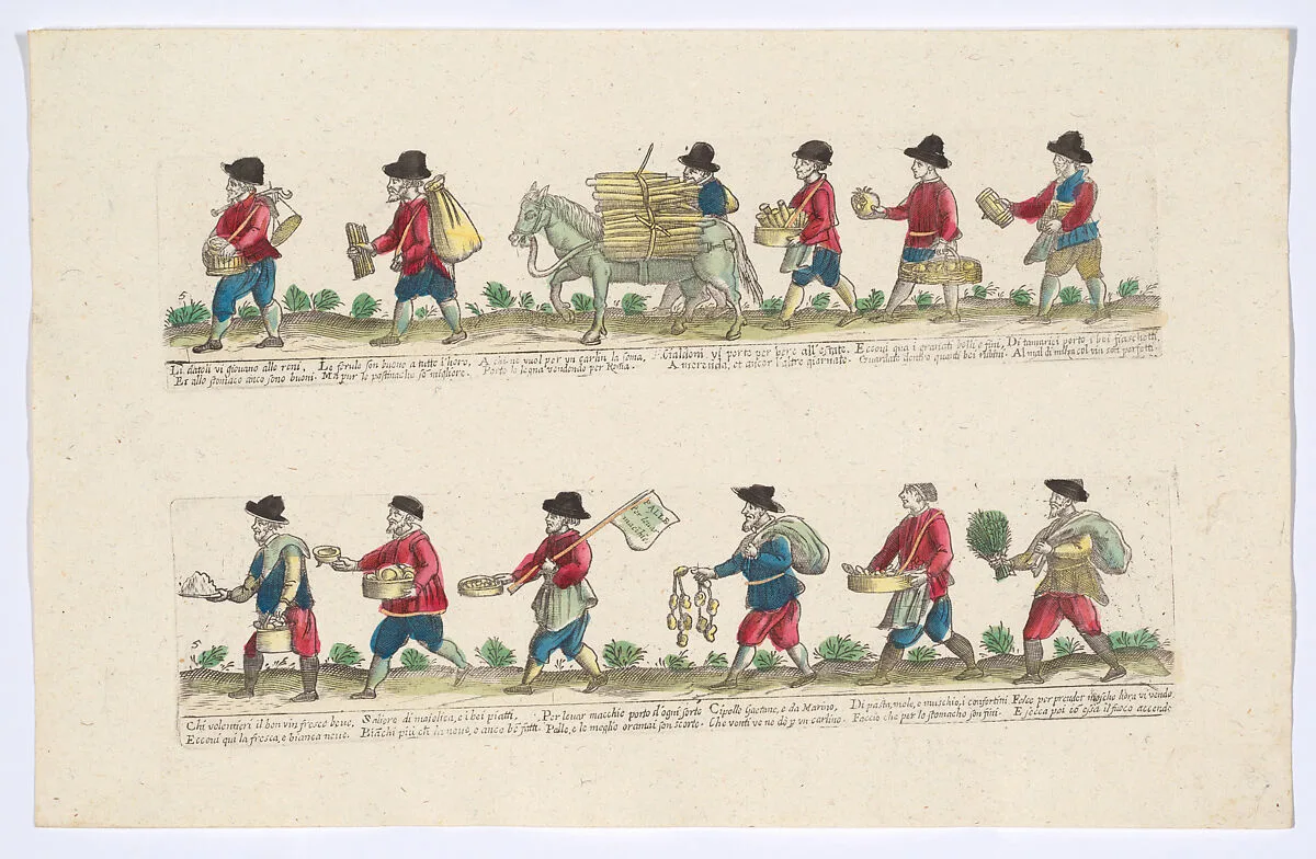 Plate 5 depicting the trades of Rome, here including vendors of pomegranites, bowls, onions etc, from the 'Descrición de las artes que se llaman para los calles de la ciudad de Roma' — Remondini|Giovanni Ambrogio Brambilla