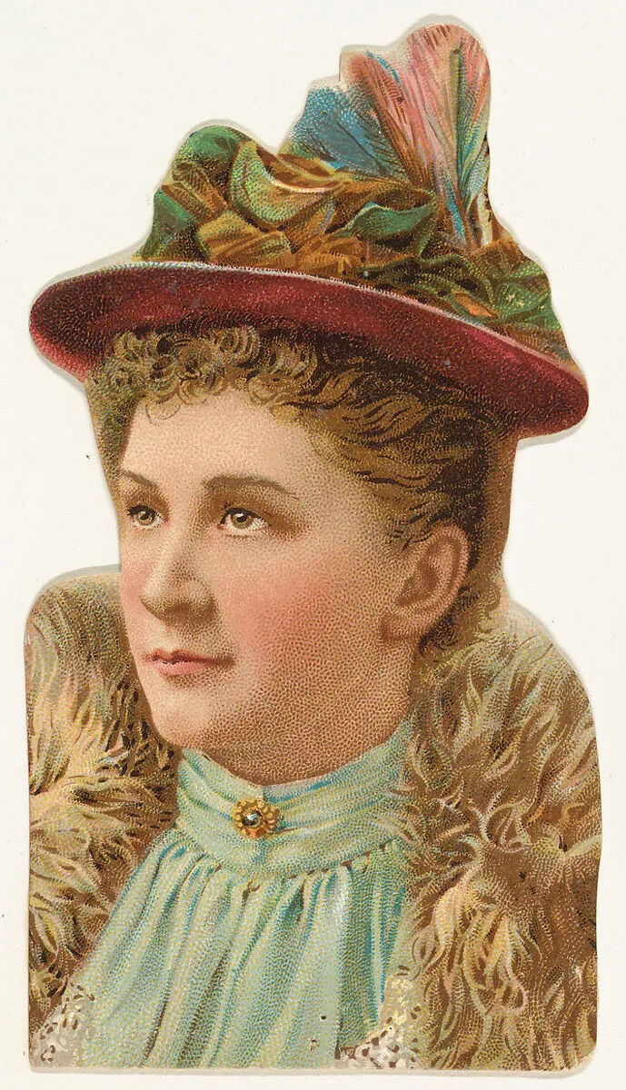 Actress wearing pink hat with multi-colored feathers, from Stars of the Stage, Fourth Series (N132) issued by Duke Sons & Co. to promote Honest Long Cut Tobacco — American Tobacco Company|W. Duke, Sons & Co.