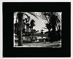 Oasis with doum palms and distant figures in the water — Unknown