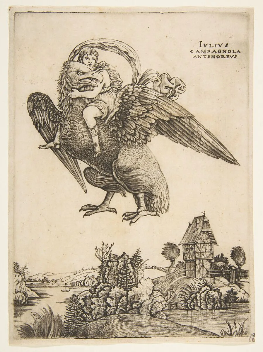 Ganymede as a young boy riding a large eagle (Zeus) in flight above a landscape — Giulio Campagnola|Andrea Mantegna