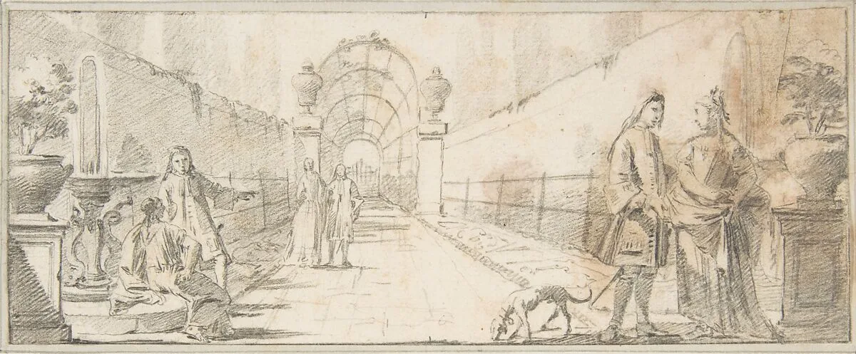 Illustration for a Book: Figures in Conversation in a Garden — Giovanni Battista Tiepolo