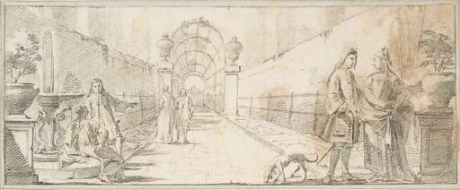 Illustration for a Book:  Figures in Conversation in a Garden