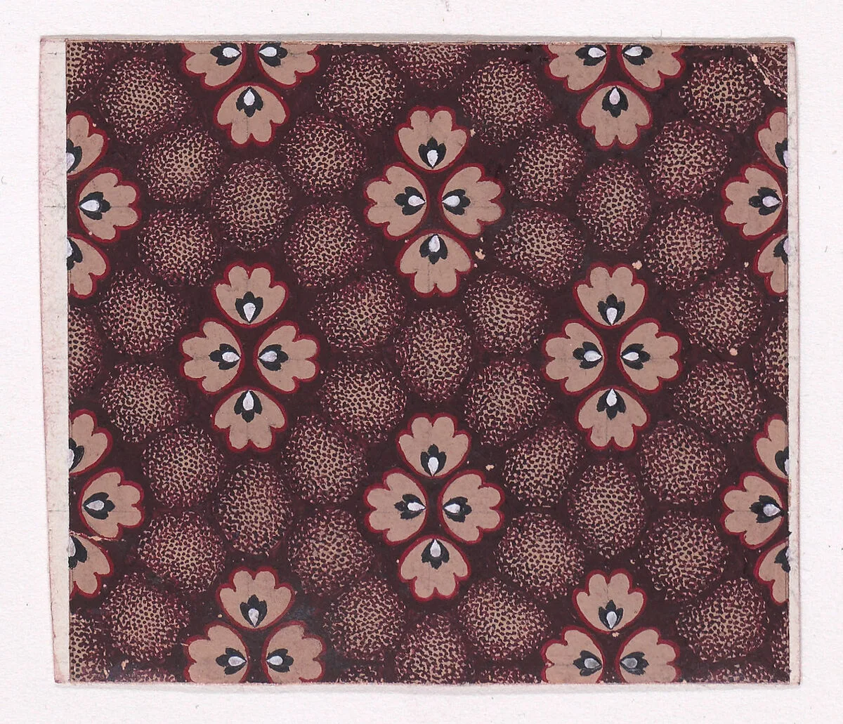 Textile Design with Rosettes with Pearls as Pistils Grouped Together to Form Stylized Flowers over an Abstract Honeycomb Pattern in the Background — Anonymous, Alsatian, 19th century